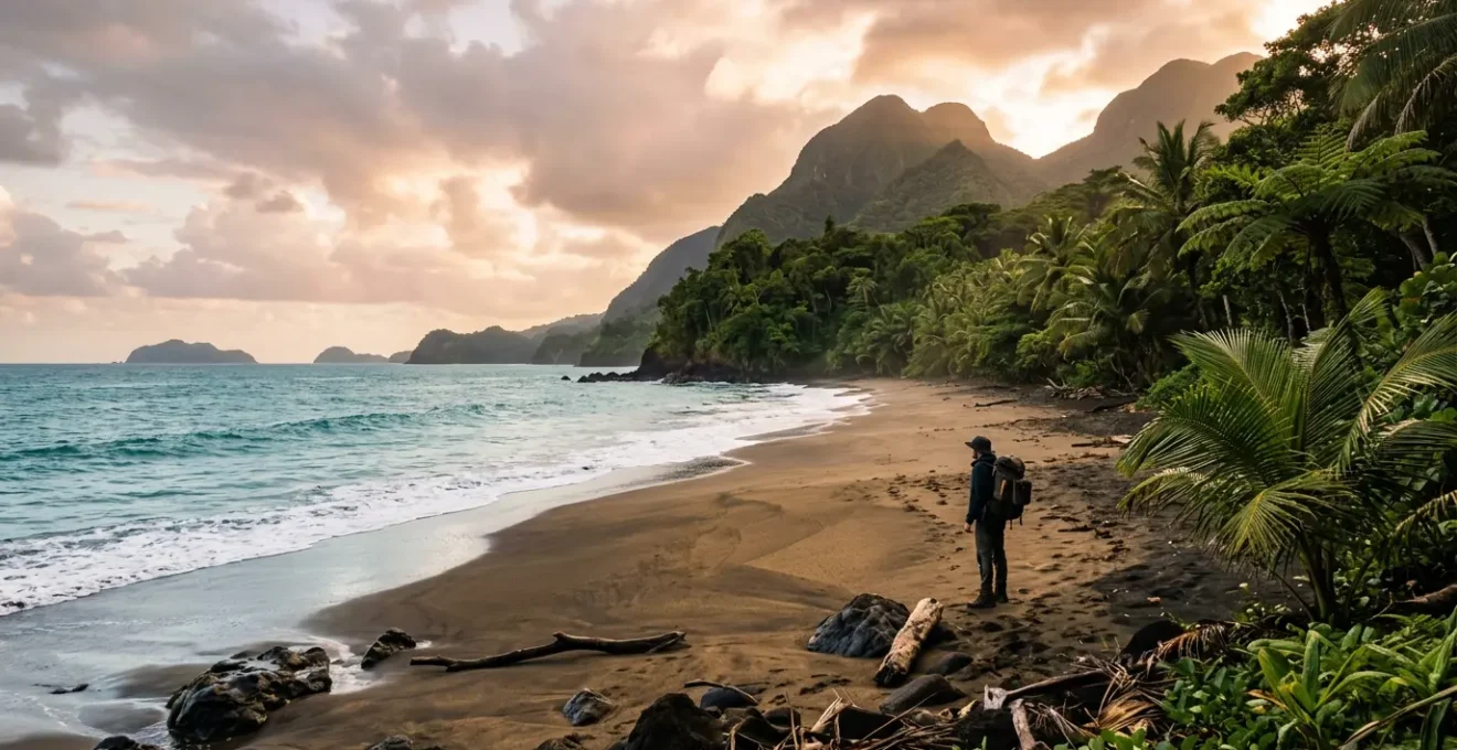 Explorateur en solitaire sur une plage de sable volcanique isolée entourée de végétation tropicale luxuriante à Basse-Terre, Guadeloupe