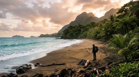 Explorateur en solitaire sur une plage de sable volcanique isolée entourée de végétation tropicale luxuriante à Basse-Terre, Guadeloupe