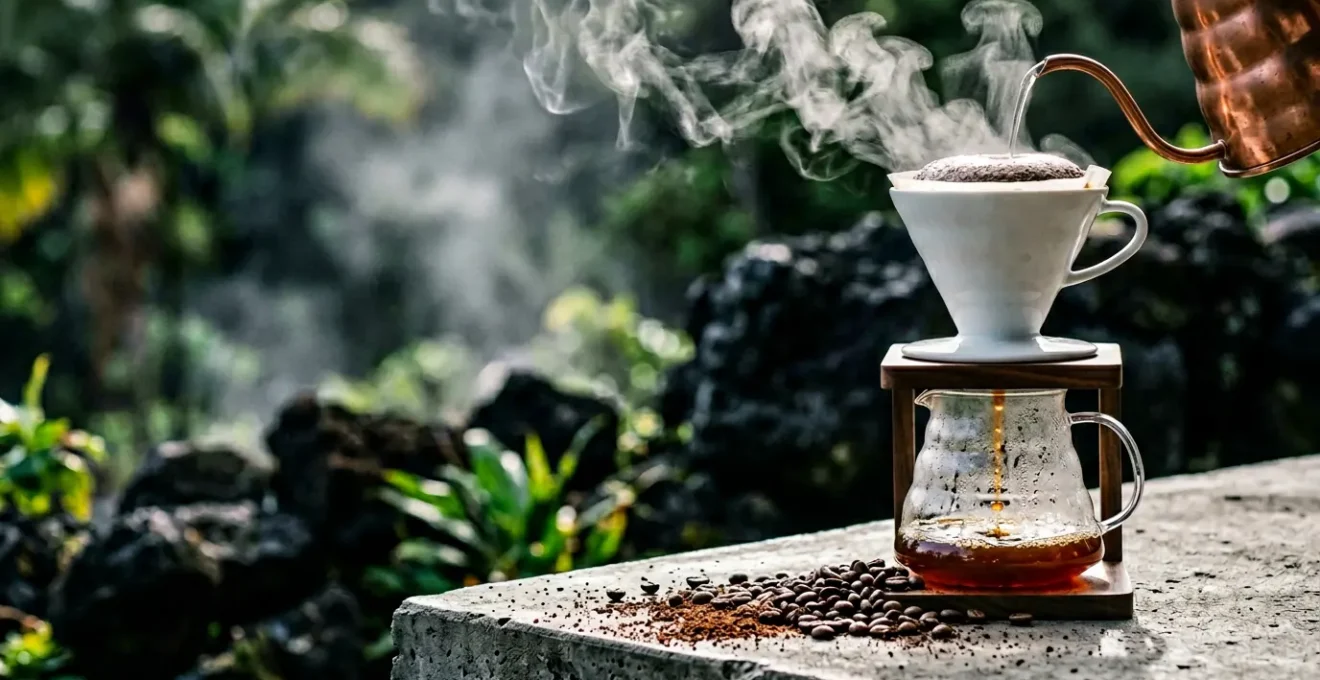 Extraction de café premium cultivé sur sol volcanique avec équipement de précision