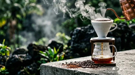 Extraction de café premium cultivé sur sol volcanique avec équipement de précision