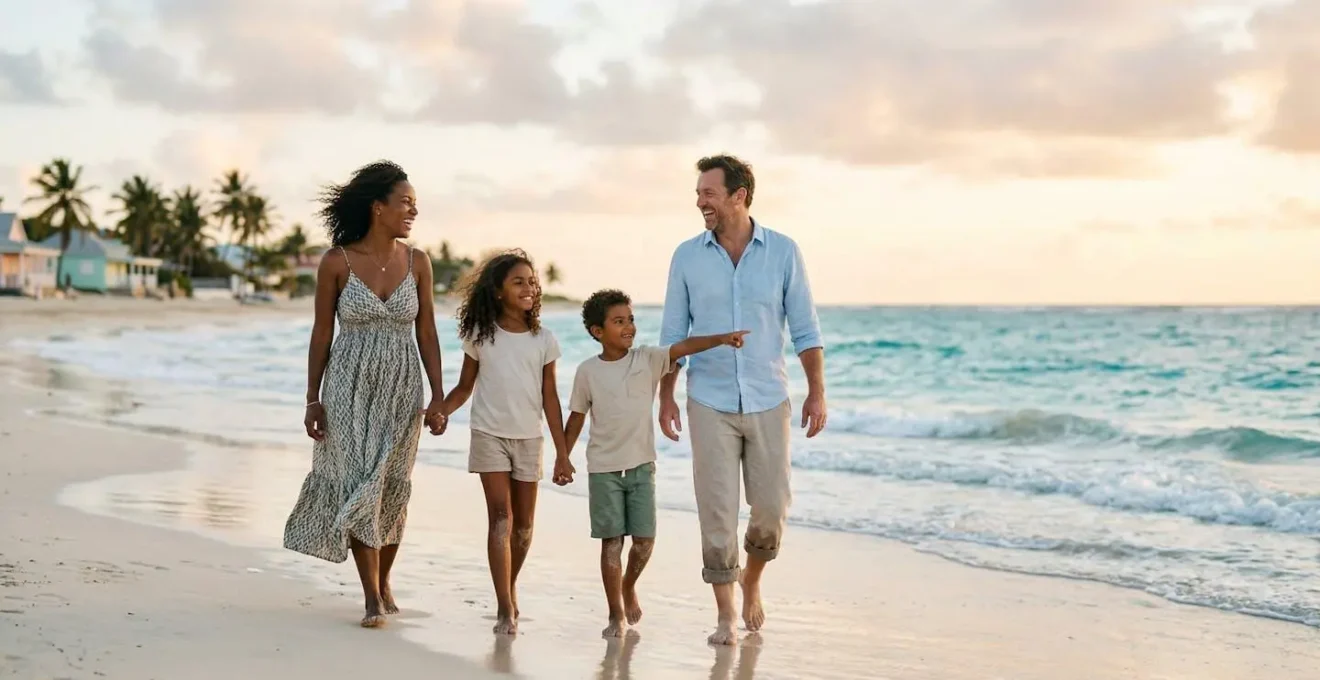 Famille de quatre personnes profitant d'une plage des Antilles avec budget maîtrisé
