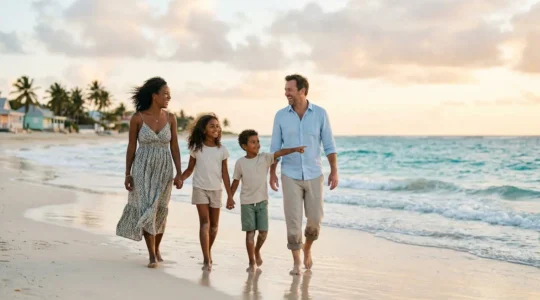 Famille de quatre personnes profitant d'une plage des Antilles avec budget maîtrisé