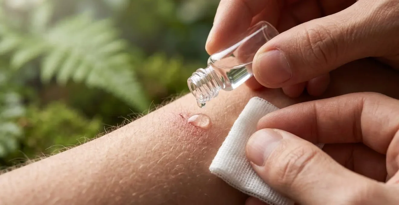 Mains appliquant un soin antiseptique sur une blessure en environnement naturel humide