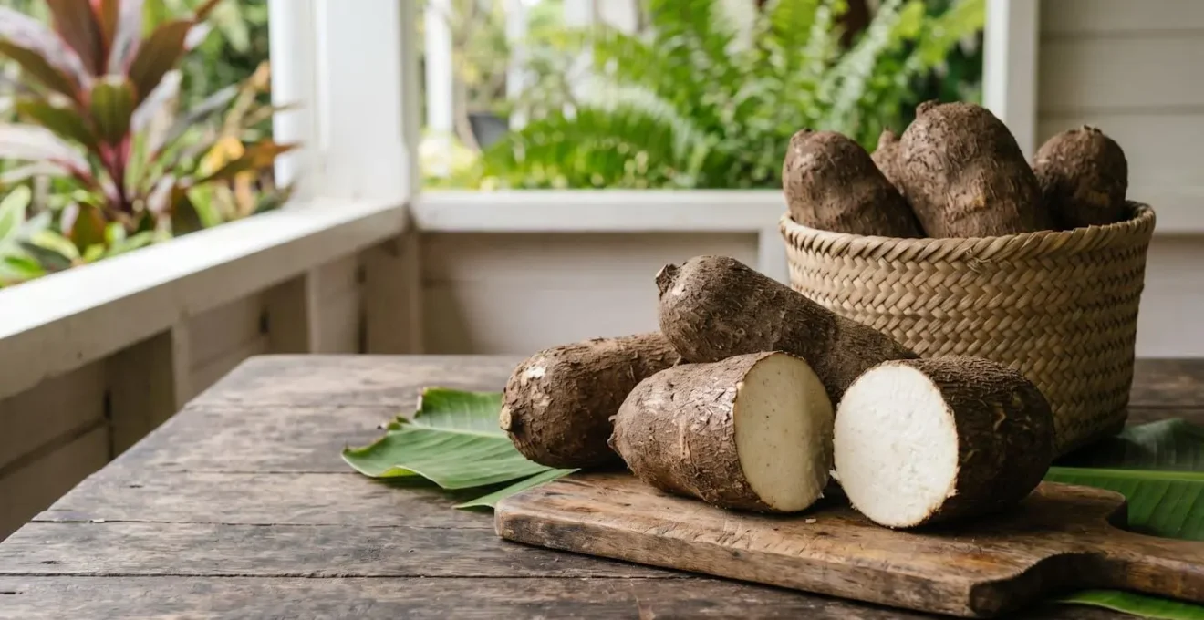 Igname locale de Guadeloupe présentée dans un environnement naturel minimaliste