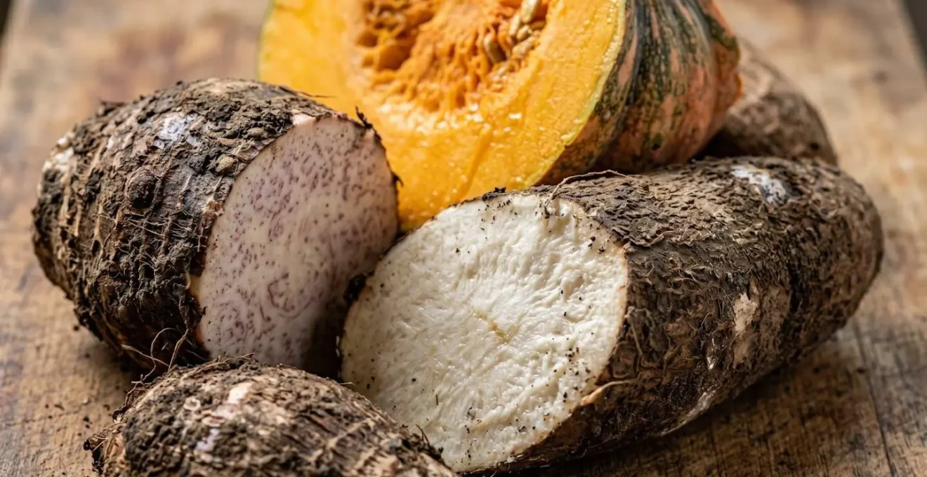 Gros plan sur des légumes-racines et tubercules tropicaux fraîchement récoltés pour la cuisine créole