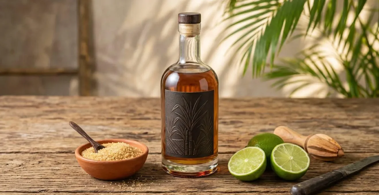 Ingrédients du Ti-Punch disposés séparément avec citrons verts, sucre de canne et bouteille de rhum sur fond naturel antillais