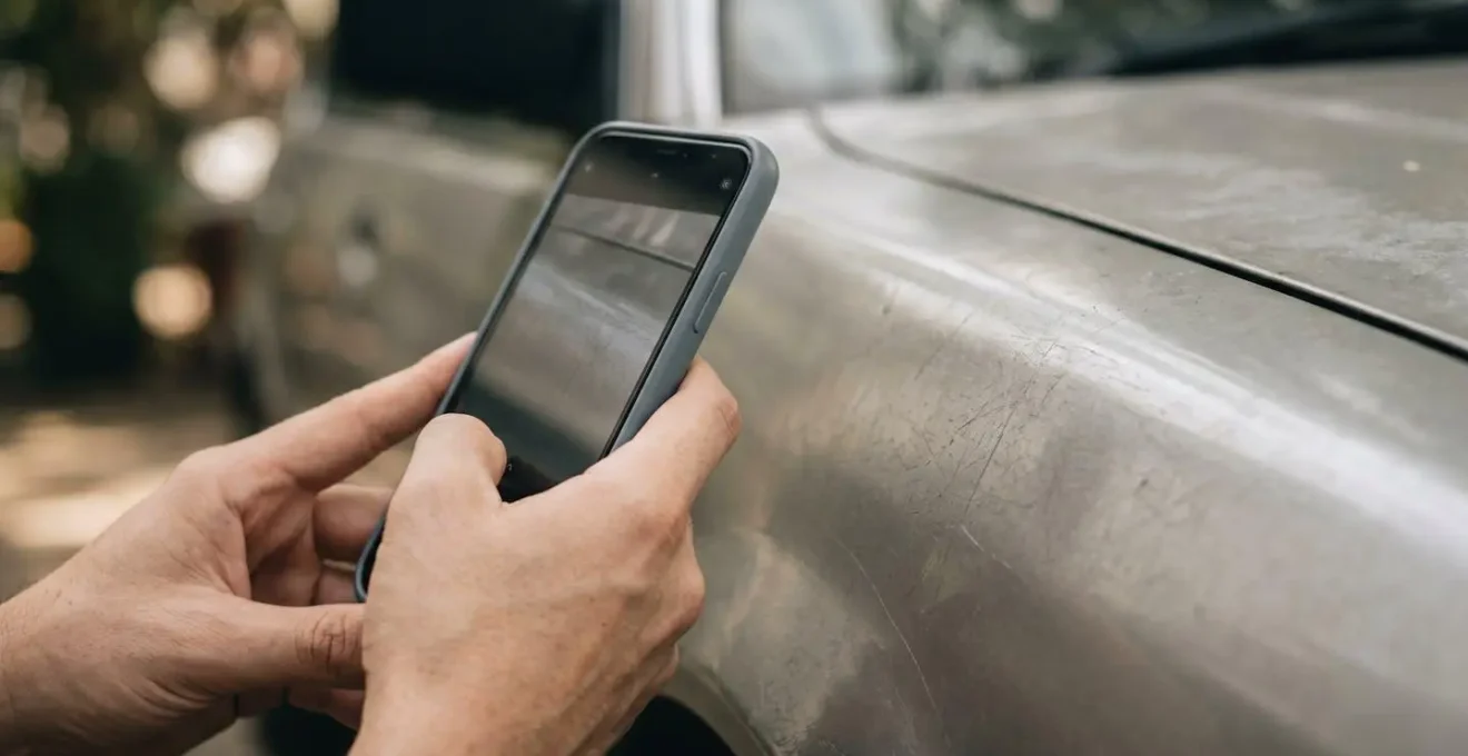 Gros plan sur les mains d'un voyageur documentant l'état d'un véhicule de location avec un smartphone à l'aéroport