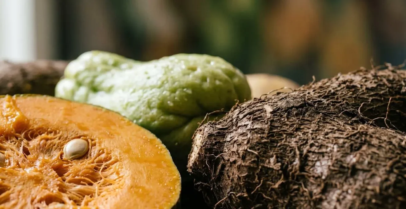 Gros plan sur des légumes pays antillais frais au marché local