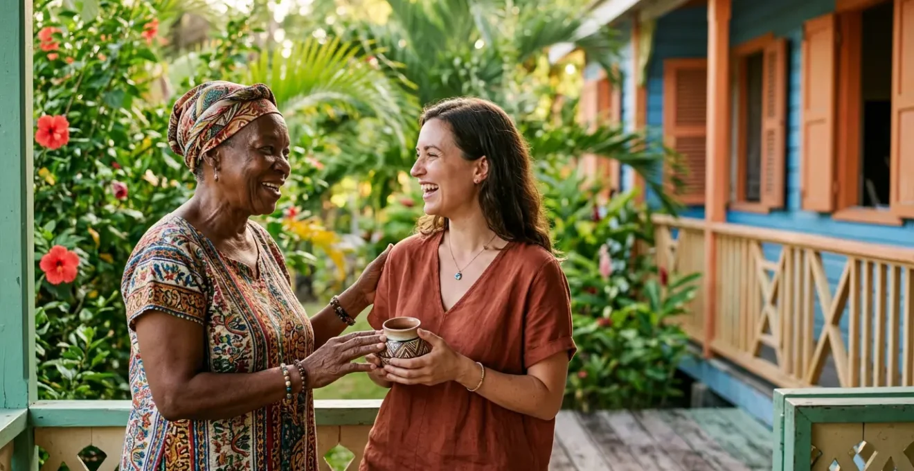 Rencontre authentique entre personnes sur fond de décor antillais traditionnel