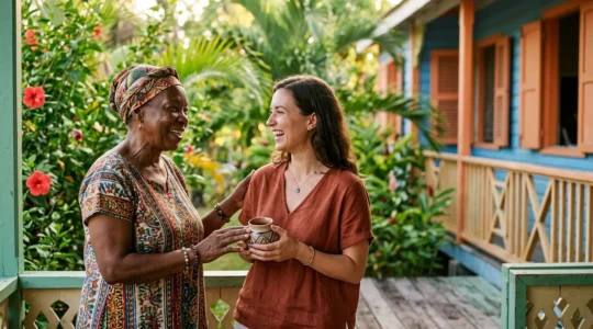Rencontre authentique entre personnes sur fond de décor antillais traditionnel