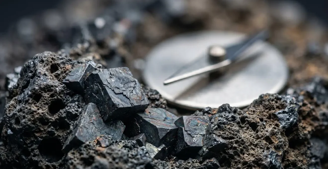 Gros plan sur magnétite dans roche basaltique avec boussole déviée illustrant interférences magnétiques