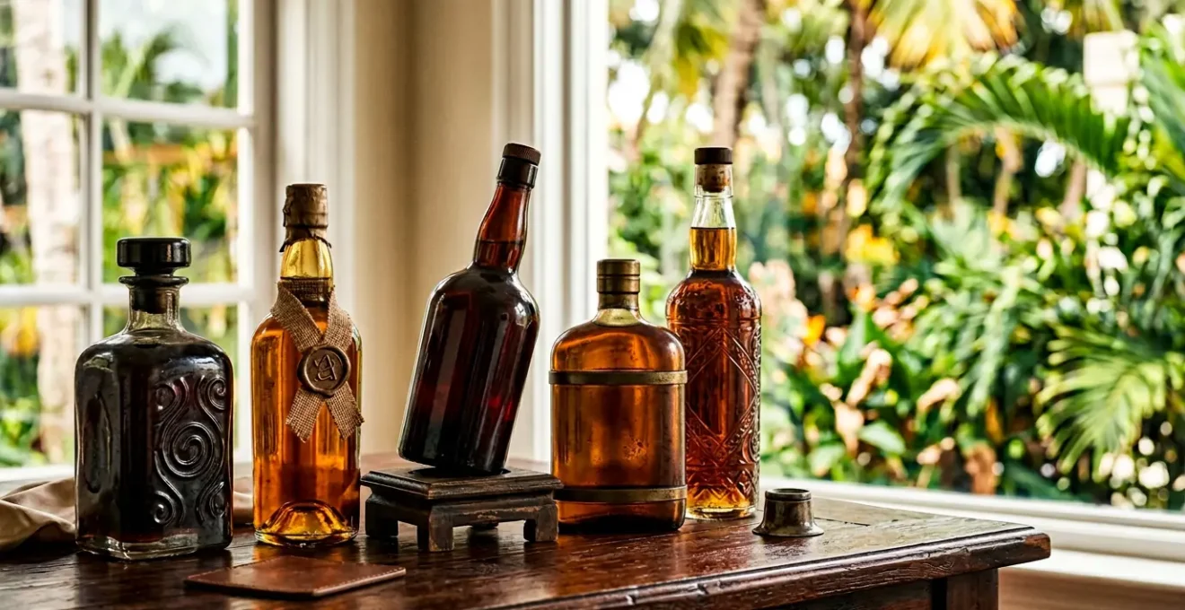 Photographie editoriale d'une collection de bouteilles de rhum vieux sur une table en bois noble avec lumiere naturelle chaude