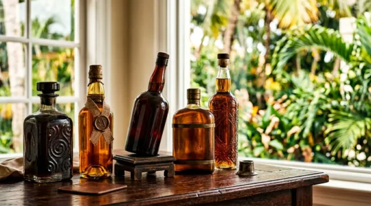 Photographie editoriale d'une collection de bouteilles de rhum vieux sur une table en bois noble avec lumiere naturelle chaude
