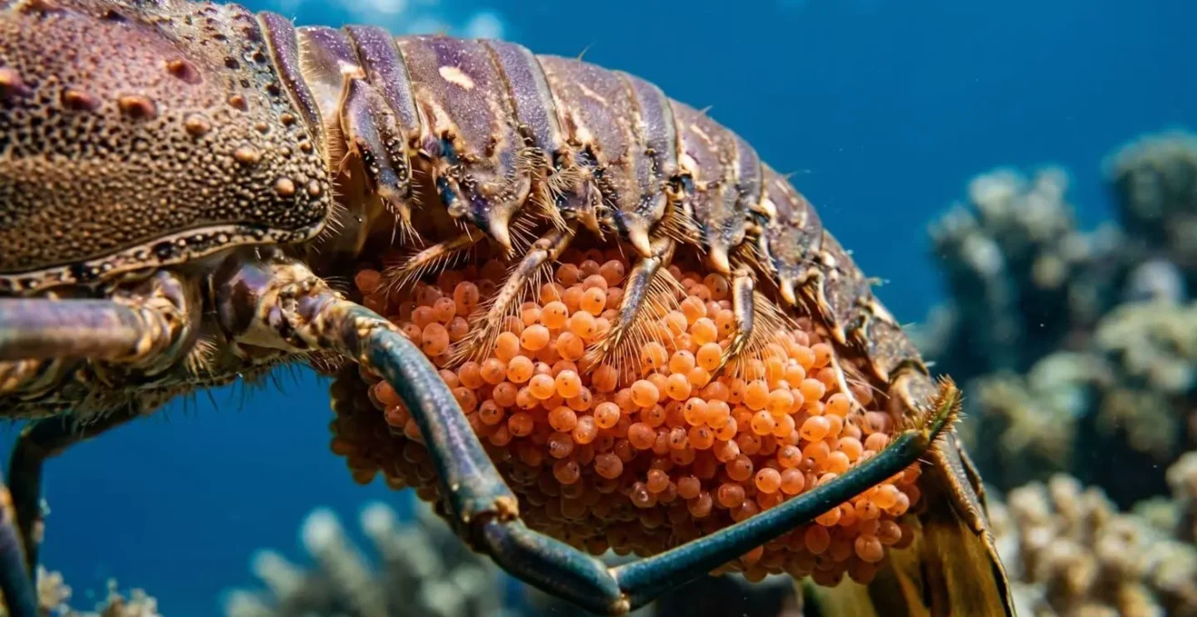 Gros plan sur une langouste royale des Caraïbes femelle grainée avec ses œufs orange visibles sous l'abdomen