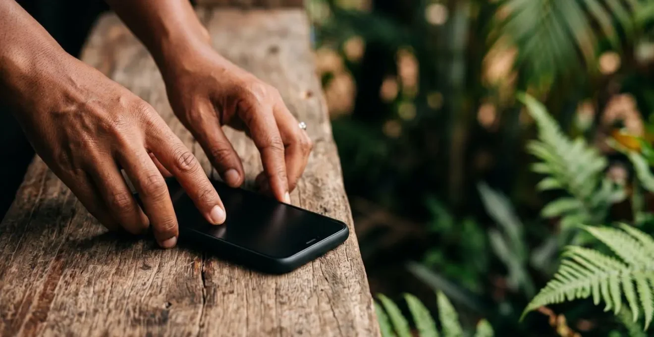 Gros plan sur des mains posant un smartphone éteint sur une surface naturelle en bois brut dans un environnement de forêt tropicale