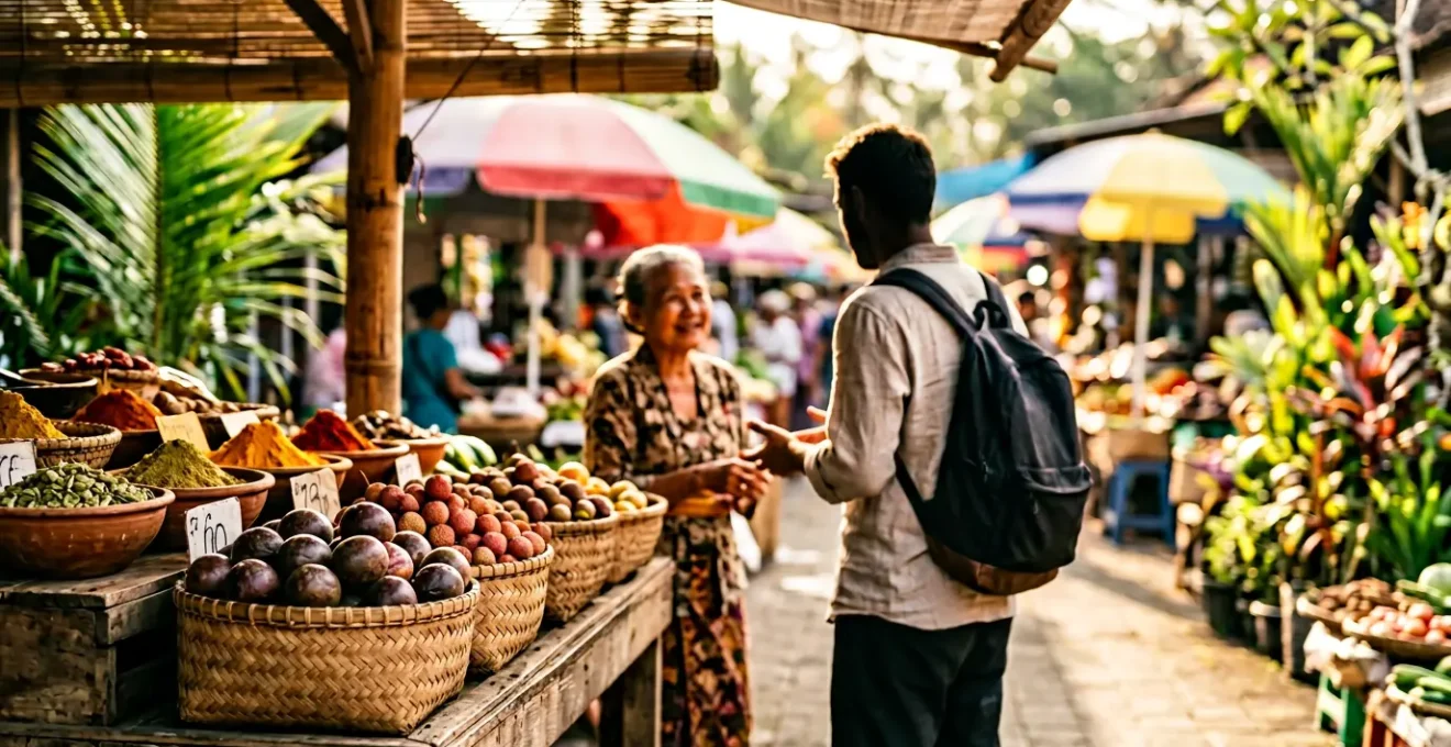 Négociation authentique sur un marché tropical avec des étals colorés d'épices et de fruits exotiques