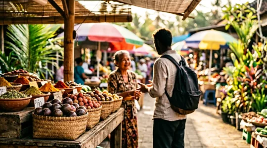 Négociation authentique sur un marché tropical avec des étals colorés d'épices et de fruits exotiques