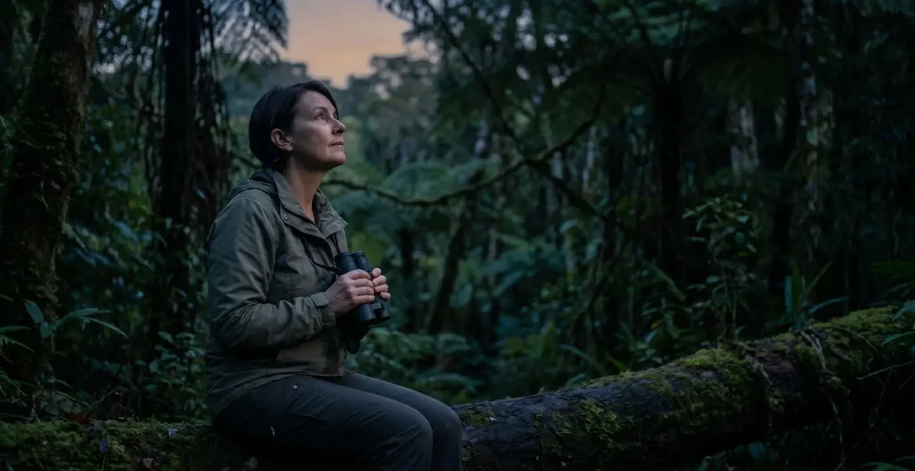 Observateur immobile dans la pénombre de la forêt tropicale au crépuscule, attendant patiemment l'apparition de la faune nocturne