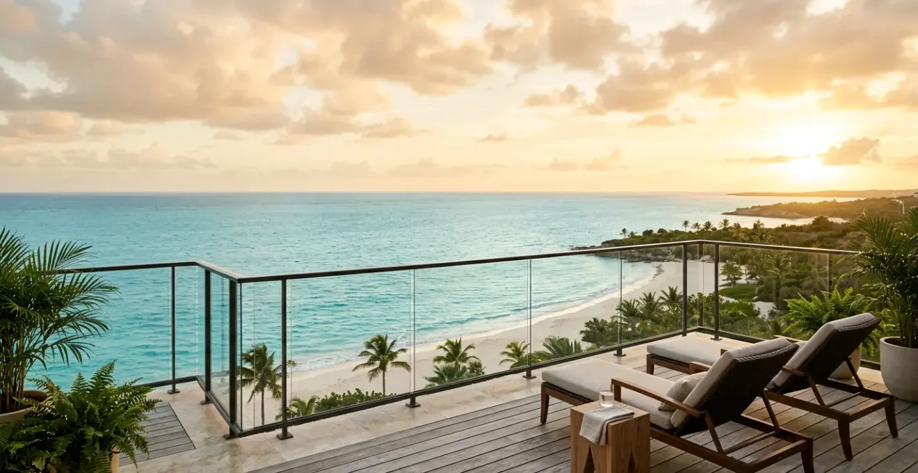 Panorama océanique idyllique depuis une terrasse privée aux Antilles avec vue dégagée sur l'horizon marin