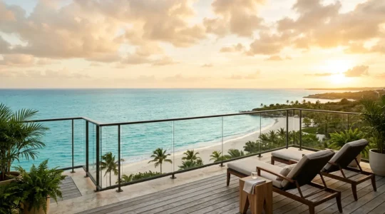 Panorama océanique idyllique depuis une terrasse privée aux Antilles avec vue dégagée sur l'horizon marin
