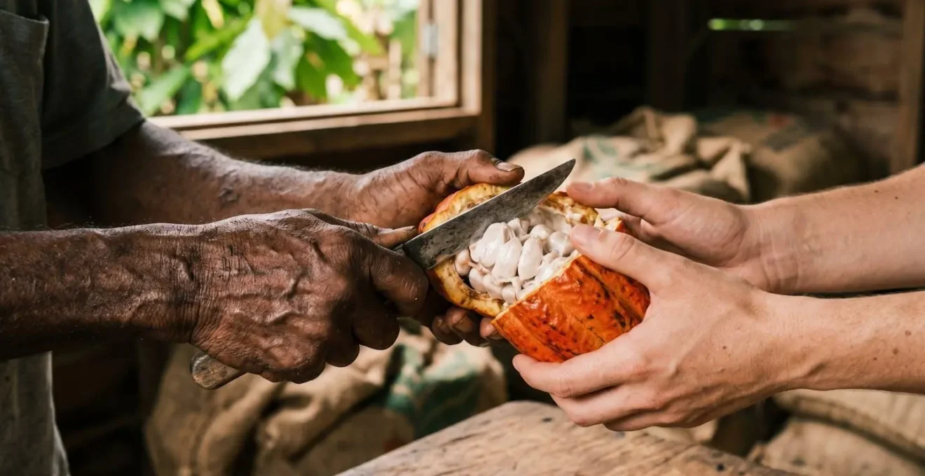 Mains d'agriculteur et de visiteur partageant le geste de l'écabossage du cacao en Guadeloupe