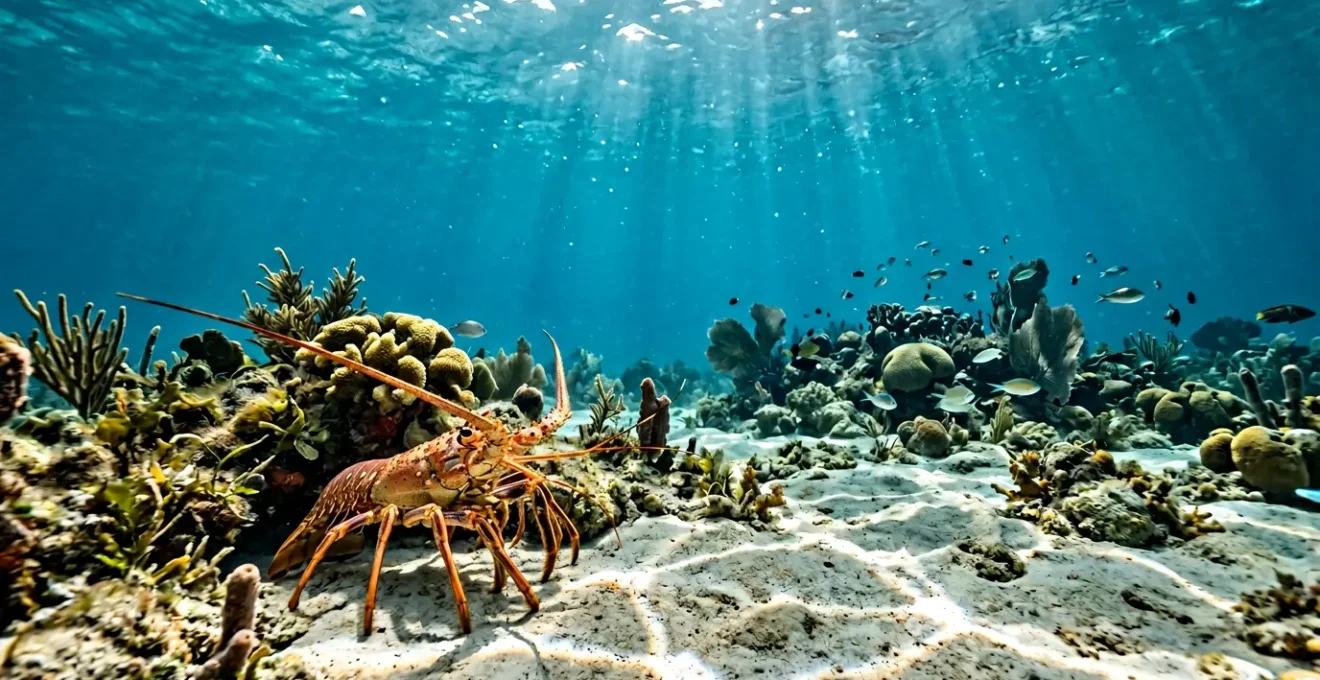 Plongeur observant respectueusement une langouste royale dans son habitat naturel aux Antilles