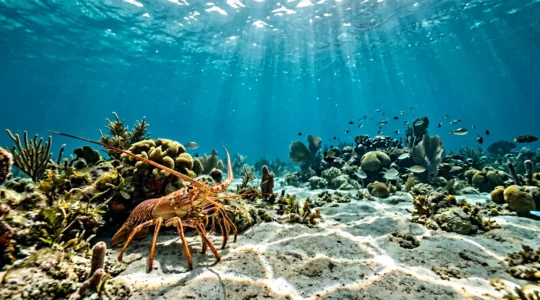 Plongeur observant respectueusement une langouste royale dans son habitat naturel aux Antilles