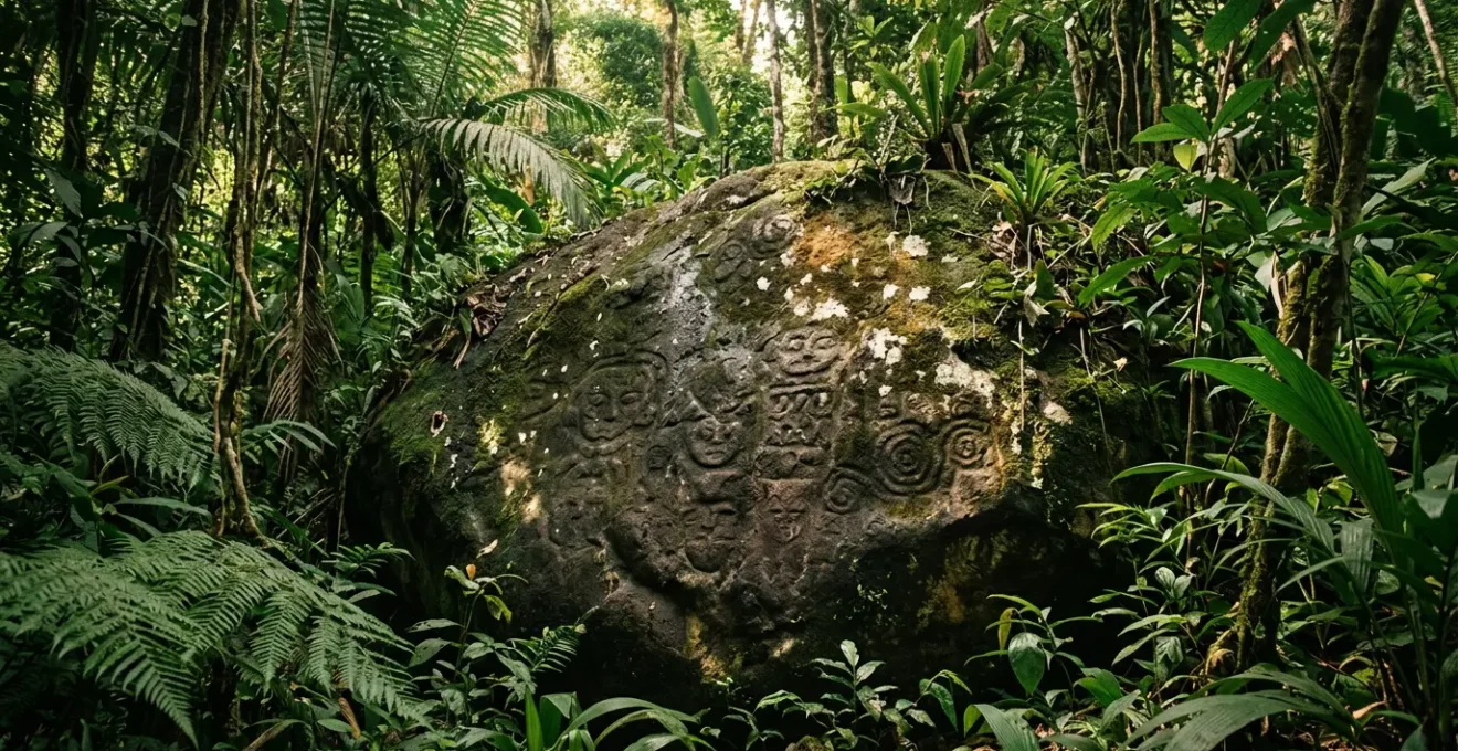 Pétroglyphes amérindiens ancestraux gravés sur roche volcanique dans la forêt tropicale de Trois-Rivières en Guadeloupe