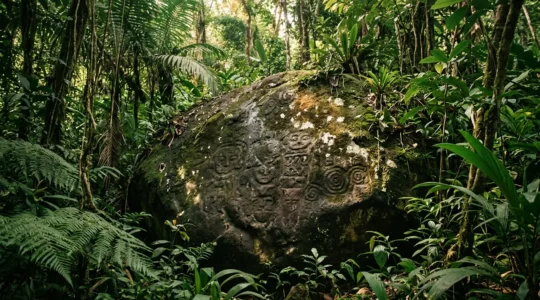 Pétroglyphes amérindiens ancestraux gravés sur roche volcanique dans la forêt tropicale de Trois-Rivières en Guadeloupe