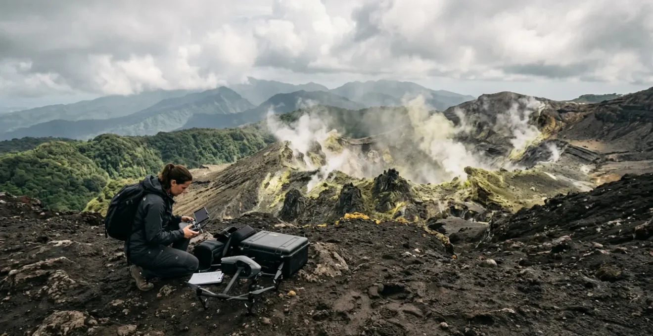 Télépilote préparant son drone face aux fumerolles du cratère de la Soufrière en Guadeloupe