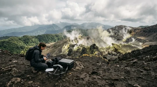 Télépilote préparant son drone face aux fumerolles du cratère de la Soufrière en Guadeloupe