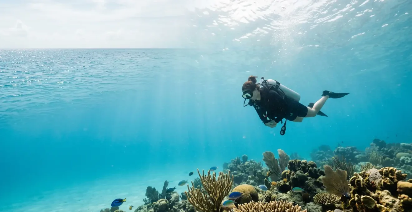 Plongeur débutant équipé évoluant dans les eaux cristallines des Antilles avec récif corallien