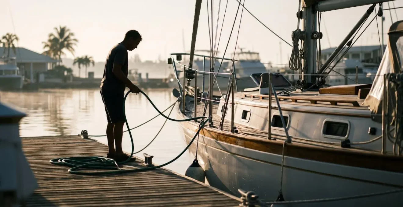 Voilier amarré à un ponton de ravitaillement en eau douce dans une marina caribéenne au lever du soleil