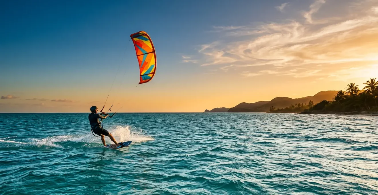 Kitesurfeur pratiquant son sport en Guadeloupe avec équipement de sécurité