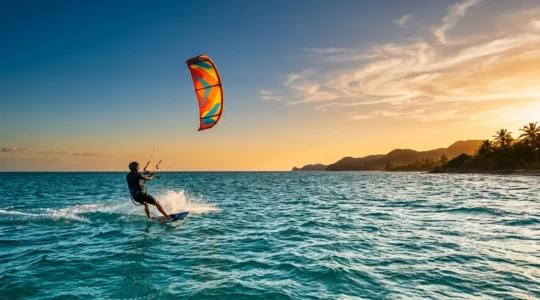 Kitesurfeur pratiquant son sport en Guadeloupe avec équipement de sécurité
