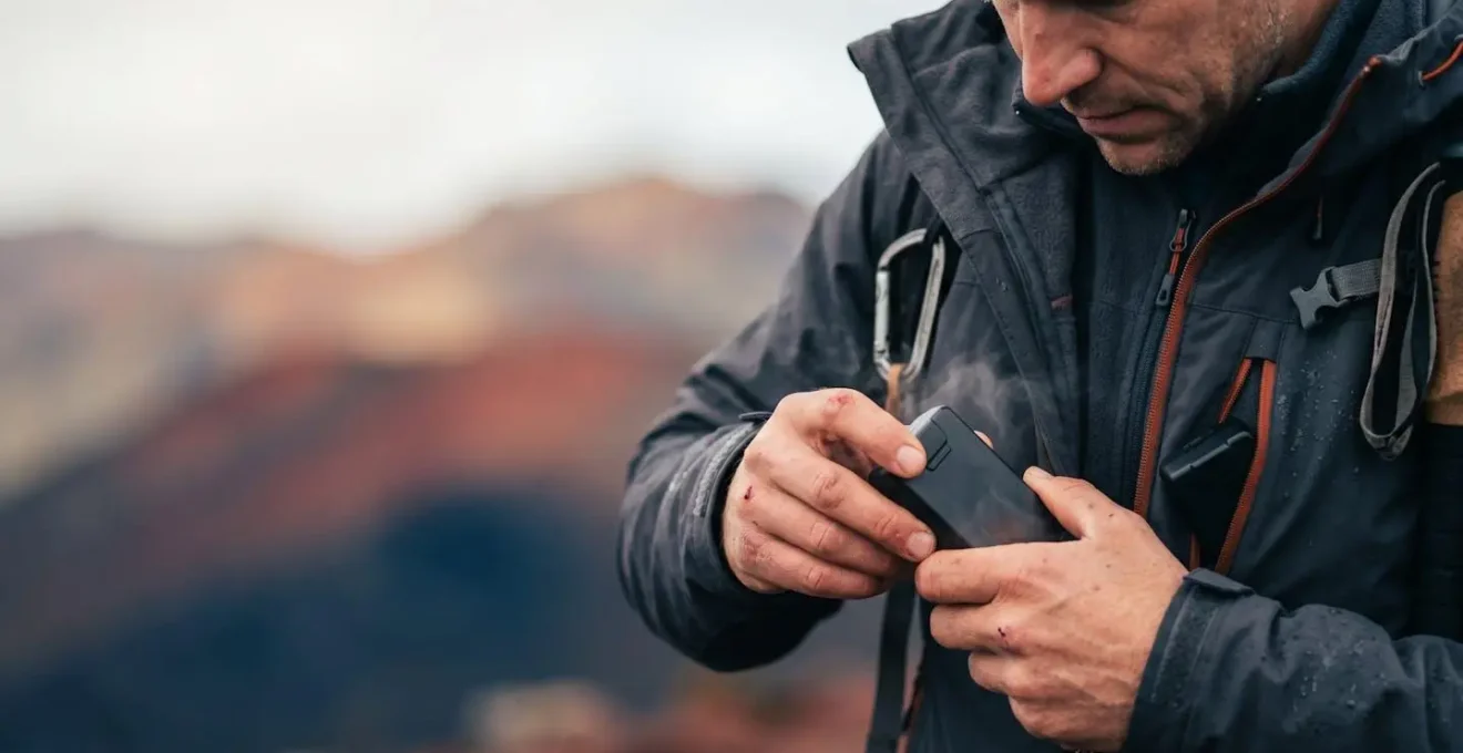 Batteries de drone maintenues au chaud dans poche de veste technique lors de randonnée volcanique
