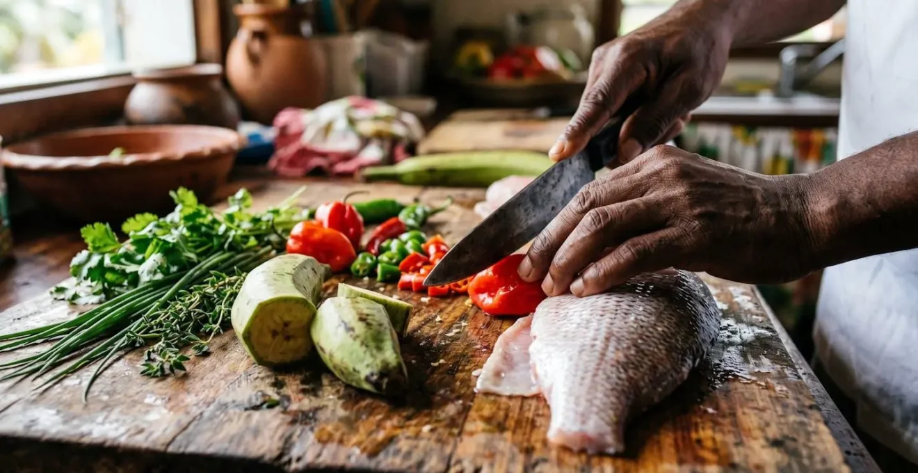 Préparation culinaire créole authentique avec ingrédients tropicaux frais sur plan de travail en bois