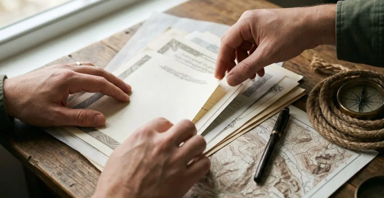 Gros plan sur des mains préparant méticuleusement un dossier administratif avec carte topographique et documents officiels pour demande de bivouac