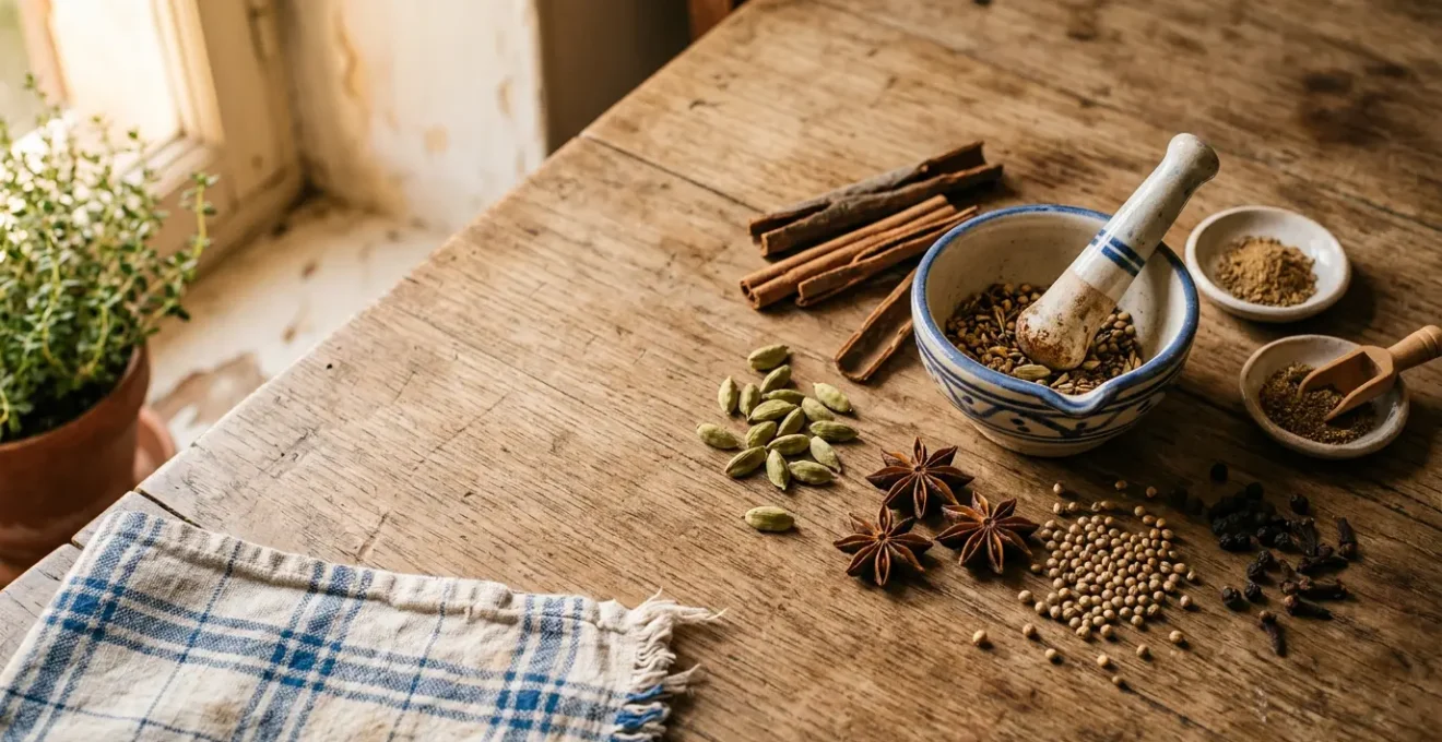 Préparation d'un plat d'influence indienne aux épices dans un contexte culinaire traditionnel