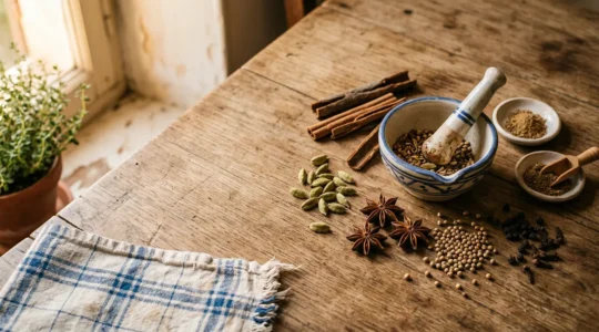 Préparation d'un plat d'influence indienne aux épices dans un contexte culinaire traditionnel