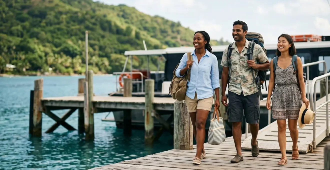 Voyageurs débarquant d'un ferry sur un quai maritime avec leurs bagages, ambiance tropicale authentique
