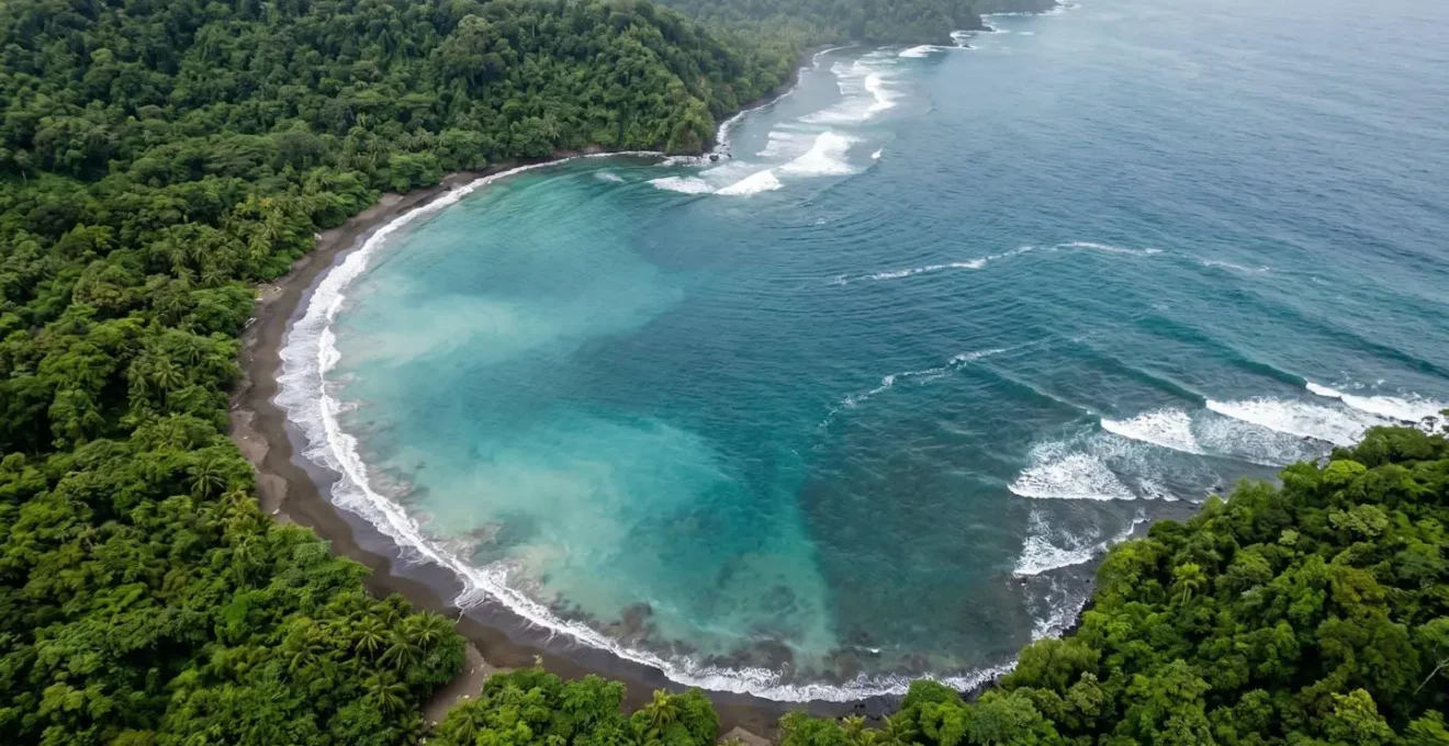 Vue aérienne d'une anse isolée de Basse-Terre montrant les zones de courants et les vagues, pour éducation à la sécurité nautique