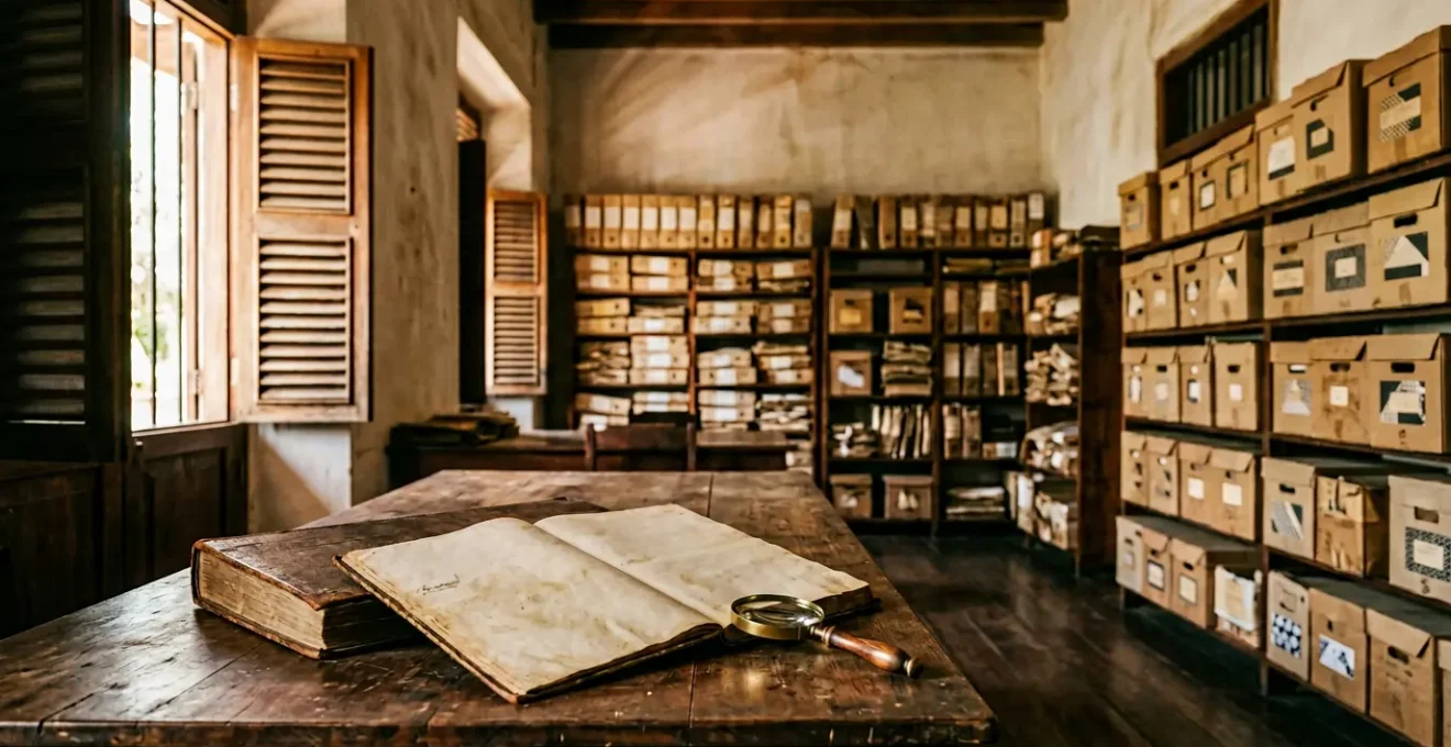 Registres d'état civil anciens et documents d'archives posés sur une table de recherche pour la généalogie en Guadeloupe