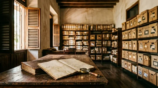 Registres d'état civil anciens et documents d'archives posés sur une table de recherche pour la généalogie en Guadeloupe
