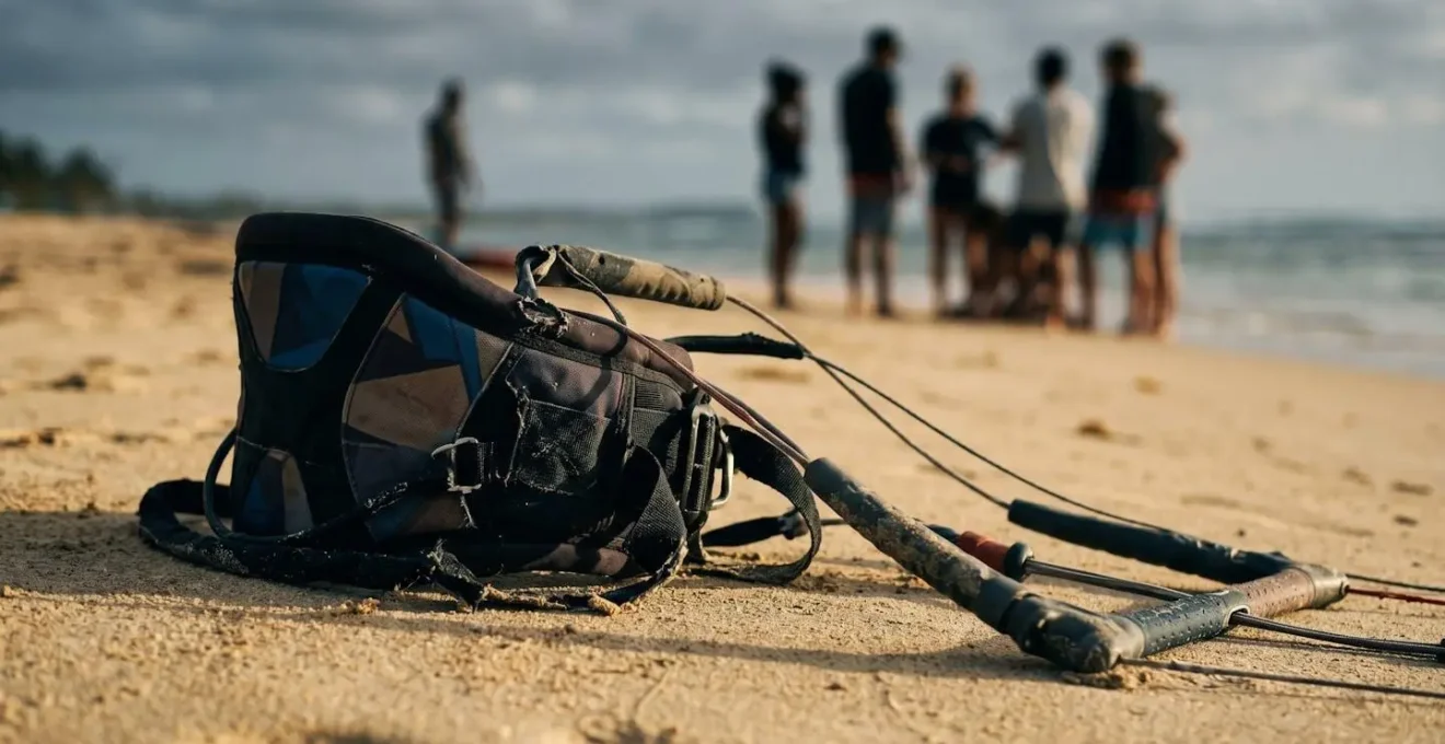 Scène conceptuelle illustrant les conséquences d'un accident de kitesurf sur une plage