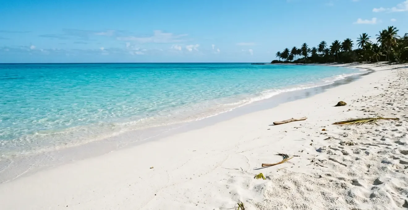 Plage de sable blanc immaculé de Marie-Galante sous le soleil caribéen avec eau turquoise cristalline