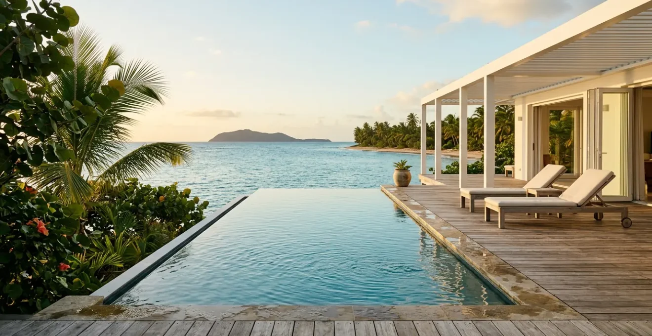 Vue panoramique d'une villa de luxe en bord de mer avec terrasse privée donnant sur les eaux turquoise de Sainte-Anne en Guadeloupe