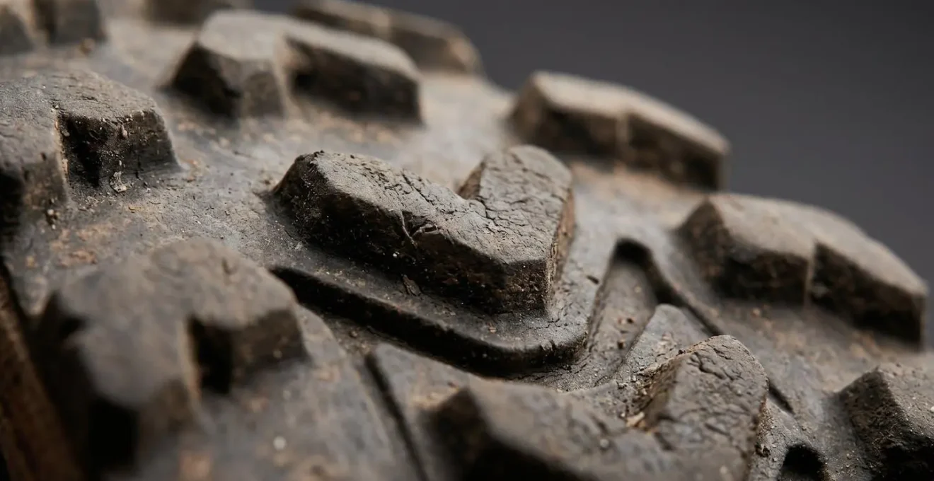 Vue macro détaillée de la semelle d'une chaussure de trail avec crampons espacés et gomme tendre pour terrain boueux volcanique