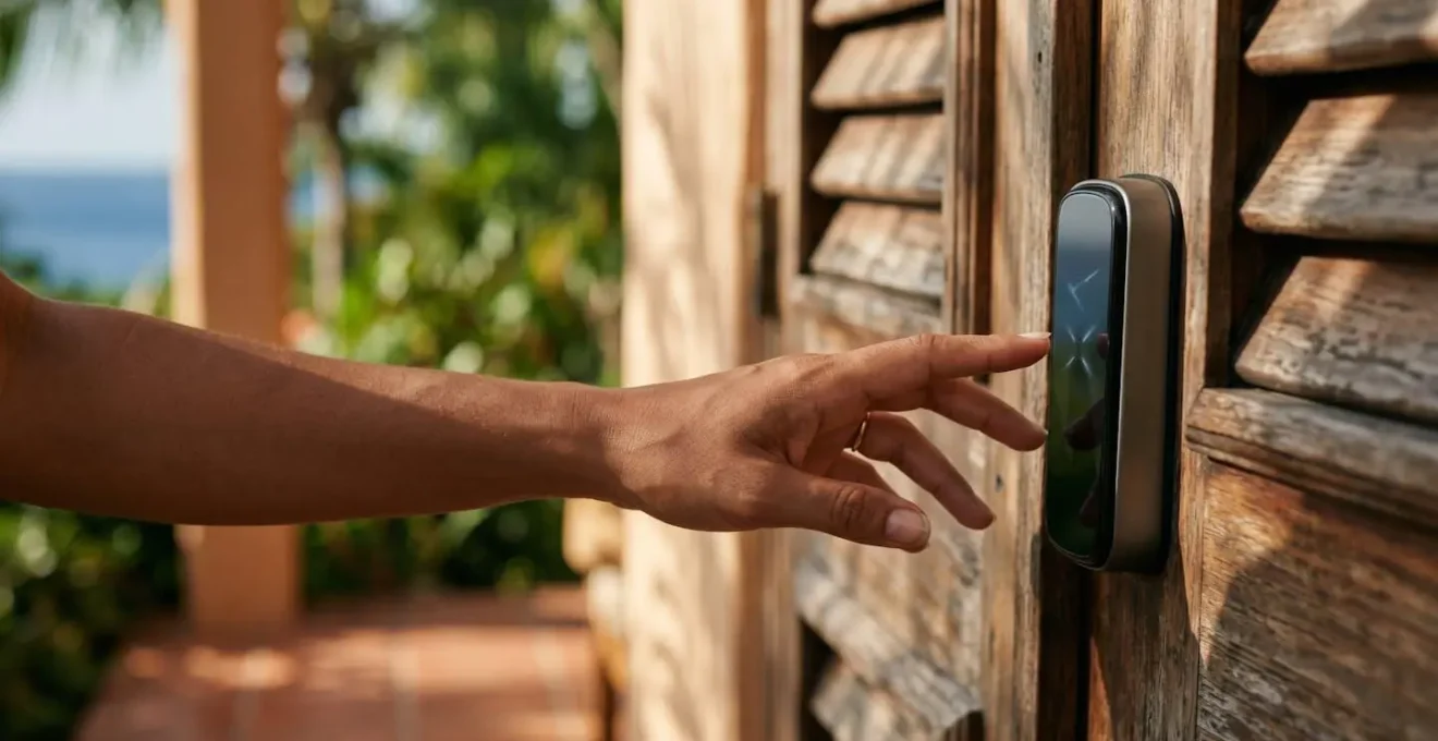 Serrure connectée moderne sur porte en bois tropical avec végétation floue en arrière-plan