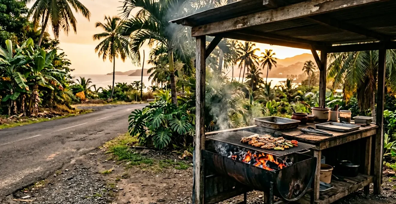 Stand de grillades artisanal au bord de la route avec fumée et équipements de cuisson visibles